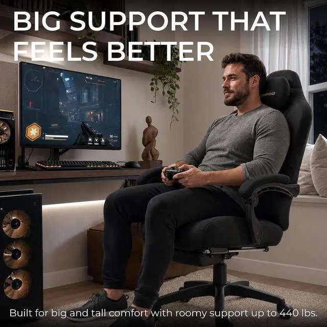 Alt view image 7 of 7 - Dowinx Big and Tall Gaming Chair, Suede Fabric Game Chair with Pocket Spring Cushion, High Back Gamer Chair Ergonomic with Footrest for Adults Office, 440LBS, Black