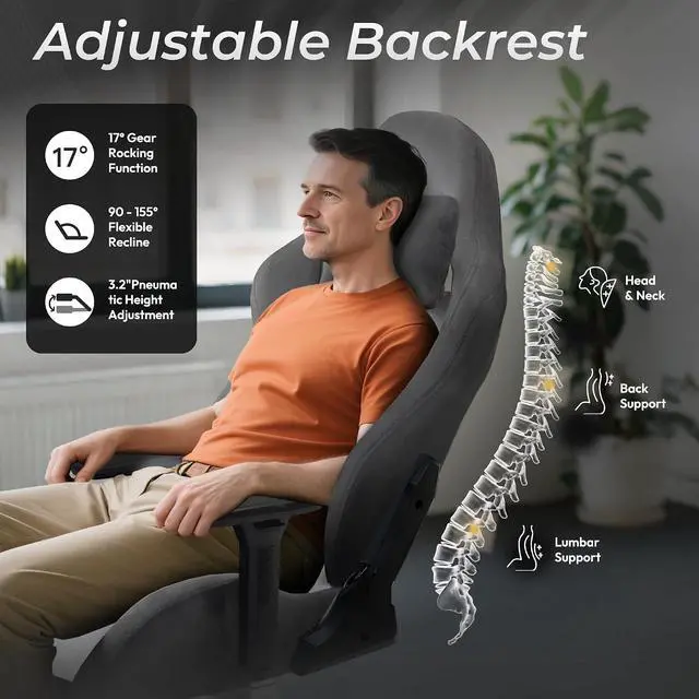 Alt view image 4 of 7 - Dowinx Big and Tall Gaming Chair, Suede Fabric Game Chair with Pocket Spring Cushion, Gamer Chair Ergonomic with Footrest for Adults Office,4D Armrest, 440LBS, Grey