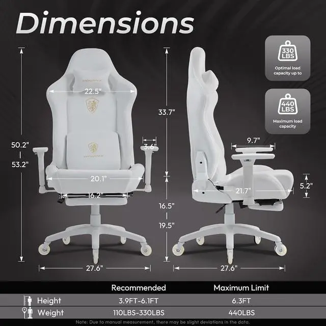 Alt view image 3 of 7 - Dowinx Big and Tall Gaming Chair, Suede Fabric Game Chair with Pocket Spring Cushion, Gamer Chair Ergonomic with Footrest for Adults Office,4D Armrest, 440LBS, White