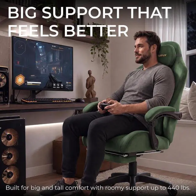 Alt view image 7 of 7 - Dowinx Big and Tall Gaming Chair, Suede Fabric Game Chair with Pocket Spring Cushion, High Back Gamer Chair Ergonomic with Footrest for Adults Office, 440LBS, Green