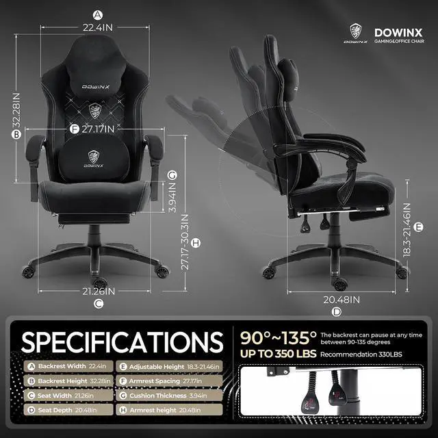 Alt view image 2 of 7 - Dowinx Fabric Gaming Chair with Heated Massage Lumbar Support, Game Chairs for Adults, Big and Tall Gamer Chair with Pocket Spring Cushion, High Back PC Chairs with Footrest, Black
