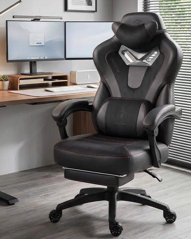 Alt view image 2 of 7 - Dowinx Gaming Chair with Footrest, Big and Tall Gaming Chair for Heavy People, Ergonomic Gaming Chair for Adults, Reclining Computer Game Chair with Massage Lumbar Support, Black