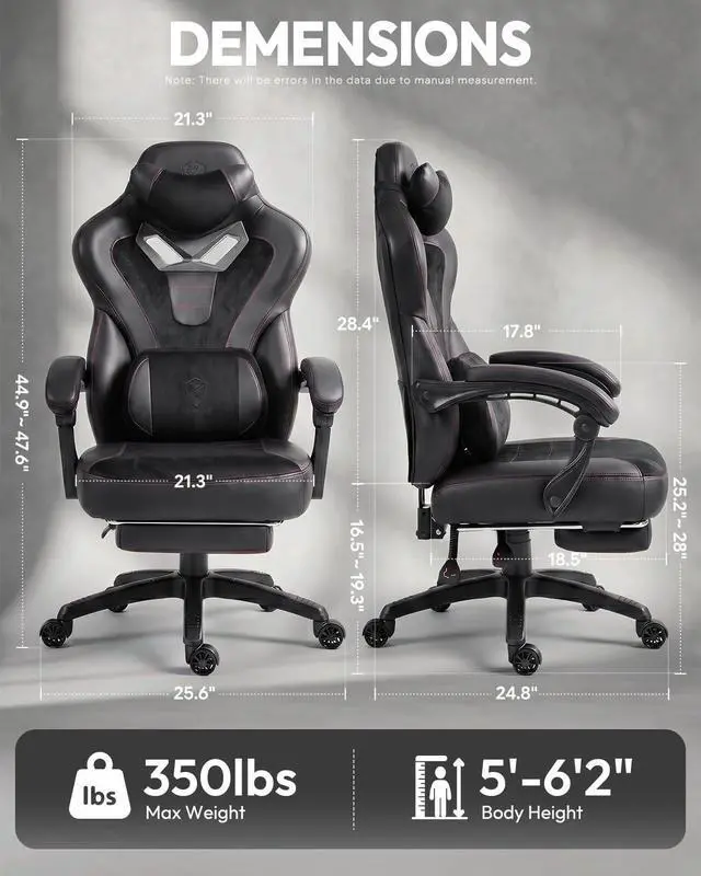Alt view image 3 of 7 - Dowinx Gaming Chair with Footrest, Big and Tall Gaming Chair for Heavy People, Ergonomic Gaming Chair for Adults, Reclining Computer Game Chair with Massage Lumbar Support, Black