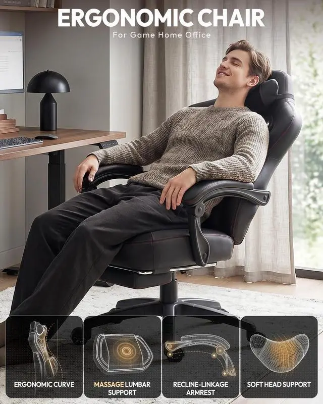 Alt view image 6 of 7 - Dowinx Gaming Chair with Footrest, Big and Tall Gaming Chair for Heavy People, Ergonomic Gaming Chair for Adults, Reclining Computer Game Chair with Massage Lumbar Support, Black