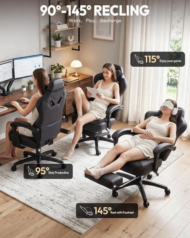 Alt view image 7 of 7 - Dowinx Gaming Chair with Footrest, Big and Tall Gaming Chair for Heavy People, Ergonomic Gaming Chair for Adults, Reclining Computer Game Chair with Massage Lumbar Support, Black