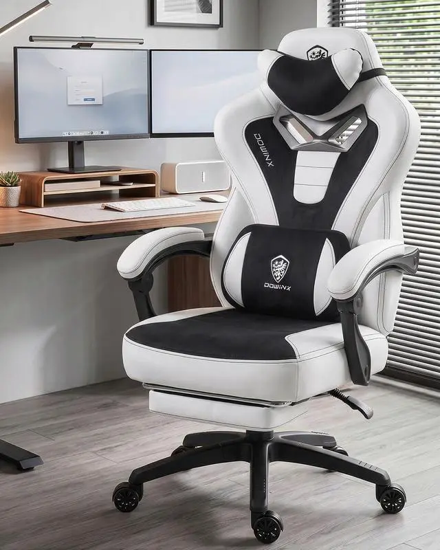 Alt view image 2 of 7 - Dowinx Gaming Chair with Footrest, Big and Tall Gaming Chair for Heavy People, Ergonomic Gaming Chair for Adults, Reclining Computer Game Chair with Massage Lumbar Support, Black and White