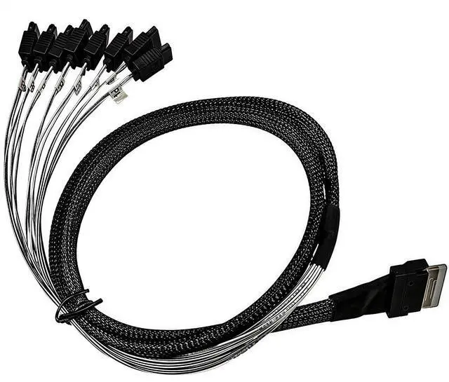 Main image of SFF-8654 to 8 SATA Cable 3.3ft/1M SlimSAS 8i to 8X SATA 7-Pin Breakout, 6Gbps per Port, Dual-Shielded with Metal Latch, SGPIO, for HBA/RAID, HDD/SSD NAS Server, Compatible with LSI Broadcom