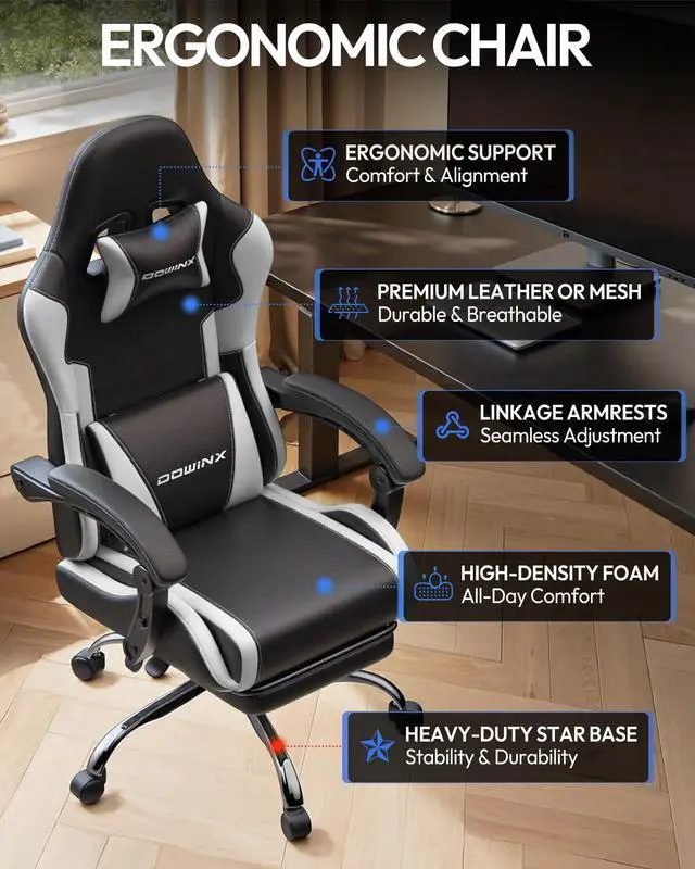 Alt view image 7 of 7 - Dowinx Ergonomic Gaming Chair with Footrest & Massage Lumbar, 2D-Linkage Armrests for Computer Chair 330lbs with Headrest Pillow for Office, Home, Streaming and Long Gaming Sessions, White
