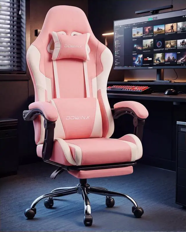 Alt view image 2 of 7 - Dowinx Ergonomic Gaming Chair with Footrest & Massage Lumbar, 2D-Linkage Armrests for Computer Chair 330lbs with Headrest Pillow for Office, Home, Streaming and Long Gaming Sessions, Bright Pink