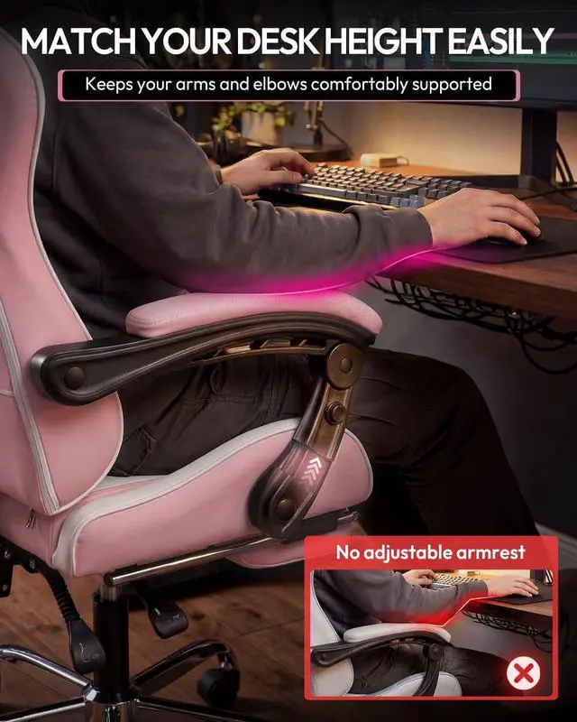 Alt view image 4 of 7 - Dowinx Ergonomic Gaming Chair with Footrest & Massage Lumbar, 2D-Linkage Armrests for Computer Chair 330lbs with Headrest Pillow for Office, Home, Streaming and Long Gaming Sessions, Bright Pink