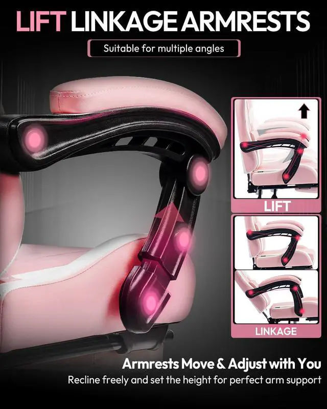 Alt view image 5 of 7 - Dowinx Ergonomic Gaming Chair with Footrest & Massage Lumbar, 2D-Linkage Armrests for Computer Chair 330lbs with Headrest Pillow for Office, Home, Streaming and Long Gaming Sessions, Bright Pink