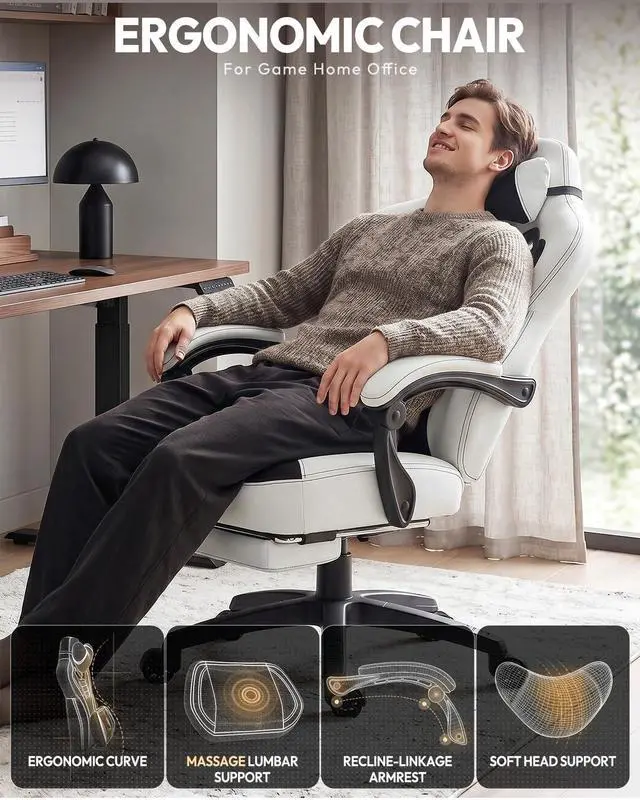 Alt view image 6 of 7 - Dowinx Gaming Chair with Footrest, Big and Tall Gaming Chair for Heavy People, Ergonomic Gaming Chair for Adults, Reclining Computer Game Chair with Massage Lumbar Support, Black and White