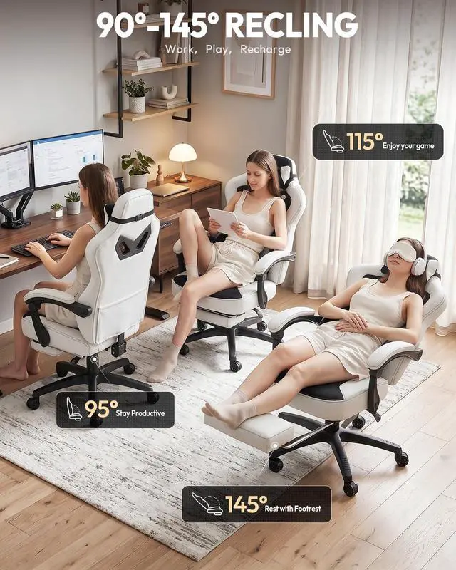 Alt view image 7 of 7 - Dowinx Gaming Chair with Footrest, Big and Tall Gaming Chair for Heavy People, Ergonomic Gaming Chair for Adults, Reclining Computer Game Chair with Massage Lumbar Support, Black and White