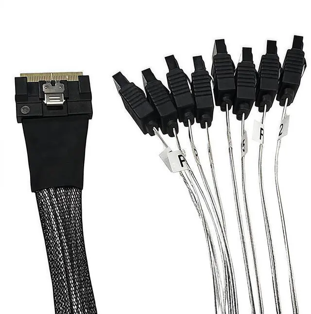 Alt view image 4 of 5 - SFF-8654 to 8 SATA Cable 3.3ft/1M SlimSAS 8i to 8X SATA 7-Pin Breakout, 6Gbps per Port, Dual-Shielded with Metal Latch, SGPIO, for HBA/RAID, HDD/SSD NAS Server, Compatible with LSI Broadcom