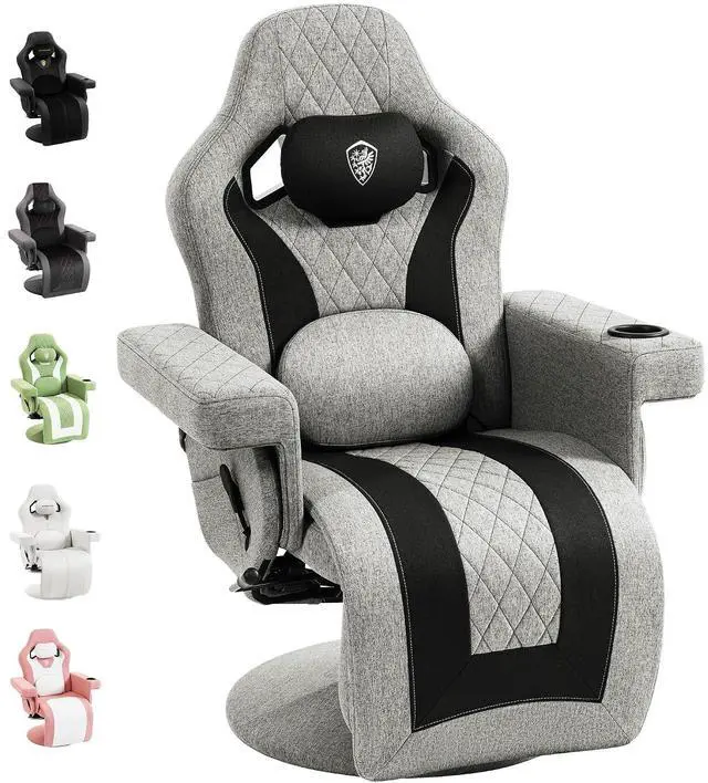 Main image of Dowinx Racing Style Gaming Recliner Chair with Massage Lumbar Support, Footrest, Cup Holder, Side Pouch, High Back Ergonomic Video Game Chair Reclining No Wheels Heavy Duty, Fabric Gray