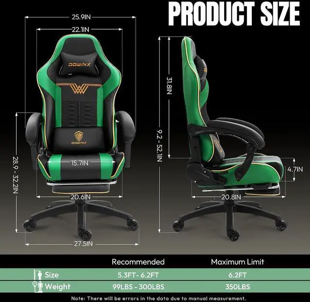 Alt view image 2 of 7 - Dowinx Big and Tall Gaming Chair, 350LBS with Massage Lumbar Footrest