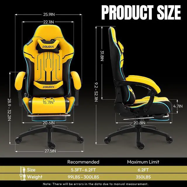 Alt view image 2 of 7 - Dowinx Big and Tall Gaming Chair, 350LBS with Massage Lumbar Footrest
