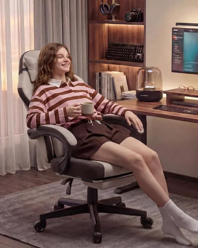 Alt view image 2 of 7 - Dowinx Gaming Chair, Fabric Gaming Chairs for Adults with Pocket Spring Cushions and Lumbar Support, Ergonomic Massage Computer Chair with Footrest for Big and Tall, Brown