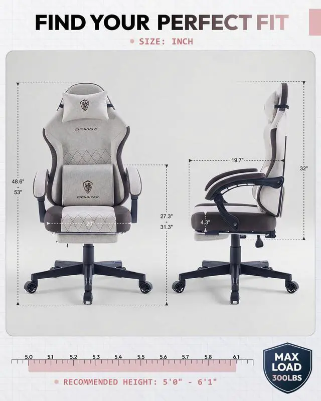 Alt view image 3 of 7 - Dowinx Gaming Chair, Fabric Gaming Chairs for Adults with Pocket Spring Cushions and Lumbar Support, Ergonomic Massage Computer Chair with Footrest for Big and Tall, Brown