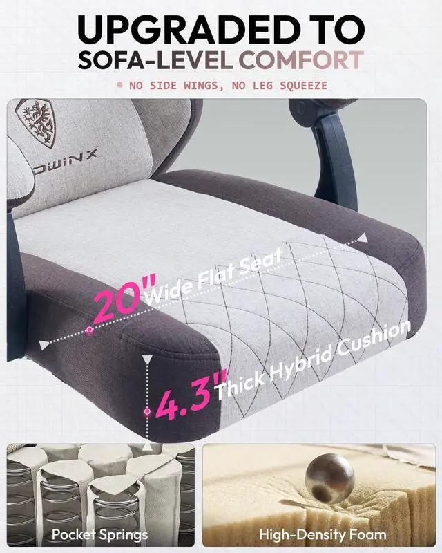 Alt view image 4 of 7 - Dowinx Gaming Chair, Fabric Gaming Chairs for Adults with Pocket Spring Cushions and Lumbar Support, Ergonomic Massage Computer Chair with Footrest for Big and Tall, Brown