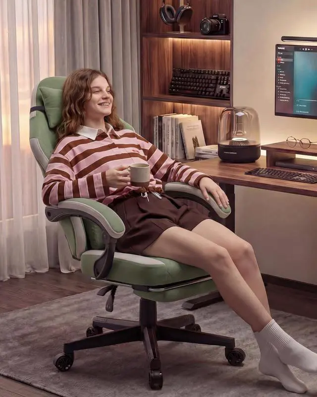 Alt view image 2 of 7 - Dowinx Fabric Gaming Chair, Computer Office Chair with Pocket Spring Cushions and Lumbar Support, Ergonomic Massage Gaming Chairs with Footrest for Big and Tall, Green