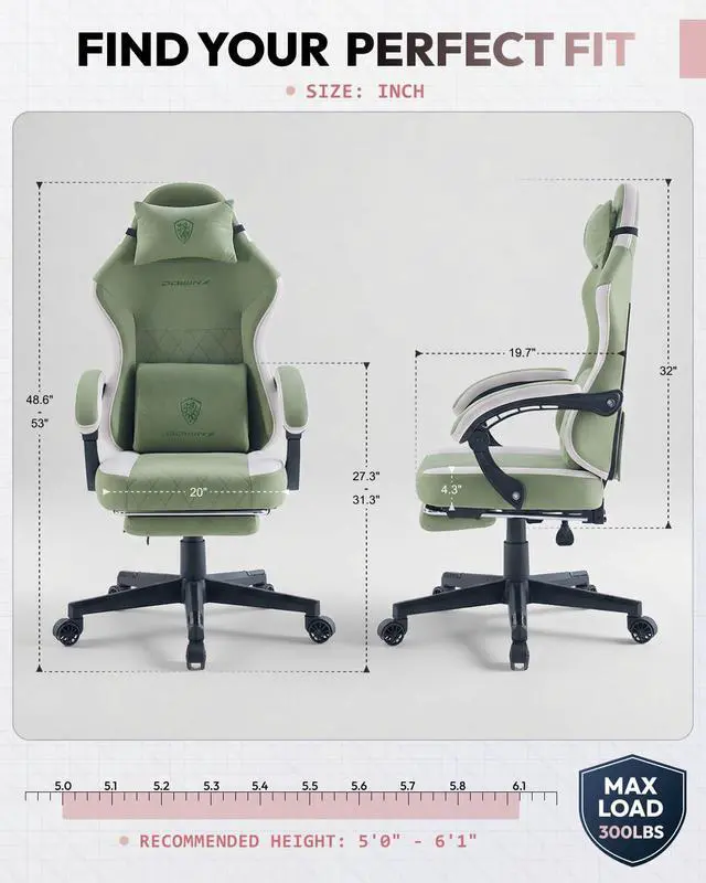 Alt view image 3 of 7 - Dowinx Fabric Gaming Chair, Computer Office Chair with Pocket Spring Cushions and Lumbar Support, Ergonomic Massage Gaming Chairs with Footrest for Big and Tall, Green