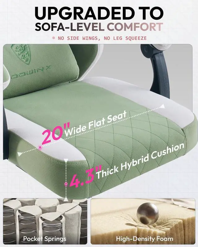 Alt view image 4 of 7 - Dowinx Fabric Gaming Chair, Computer Office Chair with Pocket Spring Cushions and Lumbar Support, Ergonomic Massage Gaming Chairs with Footrest for Big and Tall, Green