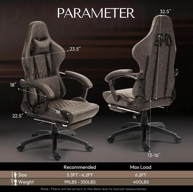 Alt view image 3 of 7 - Dowinx Gaming Chair Big and Tall, Ergonomic PC Gaming Chair with Footrest & Massage, Racing Style Reclining Computer Chair for Adults, 400LBS Capacity - Heavy Duty Gamer Chair (Brown)