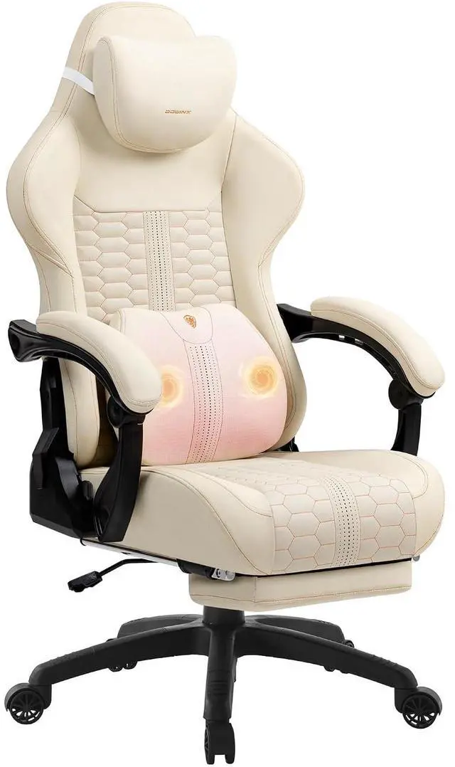 Main image of Dowinx Gaming Chair for Adults with Footrest, Reclining Gamer Chair with Massage Lumbar Support, Ergonomic Big and Tall Office Computer Chair 400LBS, High Back PU Leather Gaming Computer Chair,Ivory