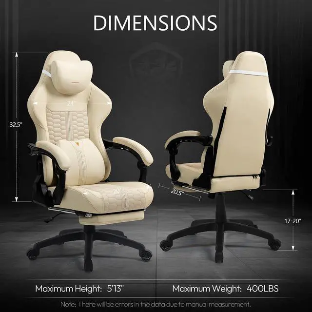Alt view image 2 of 7 - Dowinx Gaming Chair for Adults with Footrest, Reclining Gamer Chair with Massage Lumbar Support, Ergonomic Big and Tall Office Computer Chair 400LBS, High Back PU Leather Gaming Computer Chair,Ivory