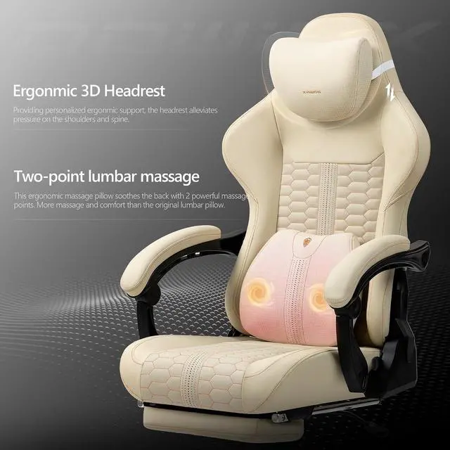 Alt view image 4 of 7 - Dowinx Gaming Chair for Adults with Footrest, Reclining Gamer Chair with Massage Lumbar Support, Ergonomic Big and Tall Office Computer Chair 400LBS, High Back PU Leather Gaming Computer Chair,Ivory