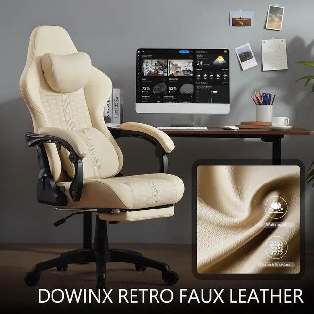 Alt view image 3 of 7 - Dowinx Gaming Chair for Adults with Footrest, Reclining Gamer Chair with Massage Lumbar Support, Ergonomic Big and Tall Office Computer Chair 400LBS, High Back PU Leather Gaming Computer Chair,Ivory