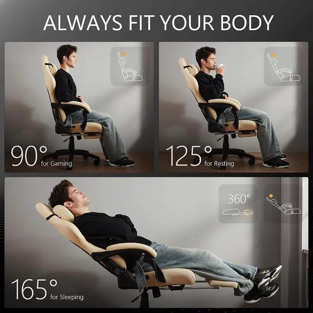 Alt view image 6 of 7 - Dowinx Gaming Chair for Adults with Footrest, Reclining Gamer Chair with Massage Lumbar Support, Ergonomic Big and Tall Office Computer Chair 400LBS, High Back PU Leather Gaming Computer Chair,Ivory