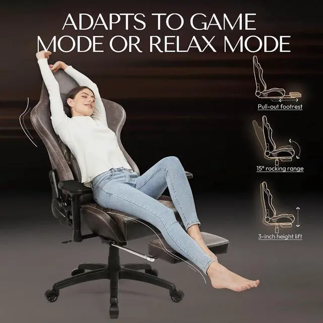 Alt view image 3 of 7 - Dowinx Gaming Chair Big and Tall, Video Game Chairs with Footrest, PC Gamer Chairs for Adults - Padded High Back Ergonomic Reclining Silla Gamer, 4D Armrest, 400LBS, Brown