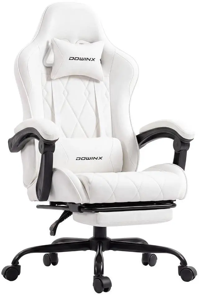 Main image of Dowinx Gaming Chair with Footrest, Ergonomic Office Chair, White | PU leather over high-density foam with lumbar support; steel frame holds 300 lbs; built for WFH, study, and napping