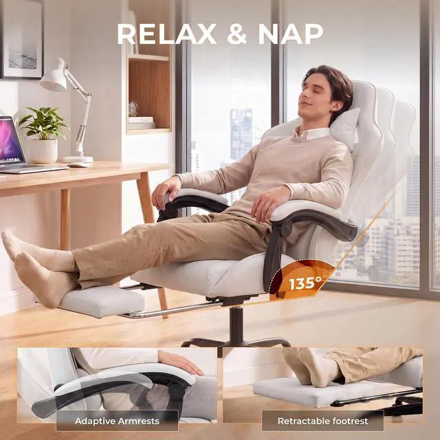 Alt view image 7 of 7 - Dowinx Gaming Chair with Footrest, Ergonomic Office Chair, White | PU leather over high-density foam with lumbar support; steel frame holds 300 lbs; built for WFH, study, and napping