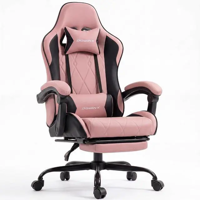Main image of Dowinx Gaming Chair with Footrest, Ergonomic Office Chair, Pink | PU leather over high-density foam with lumbar support; steel frame holds 300 lbs; built for WFH, study, and napping