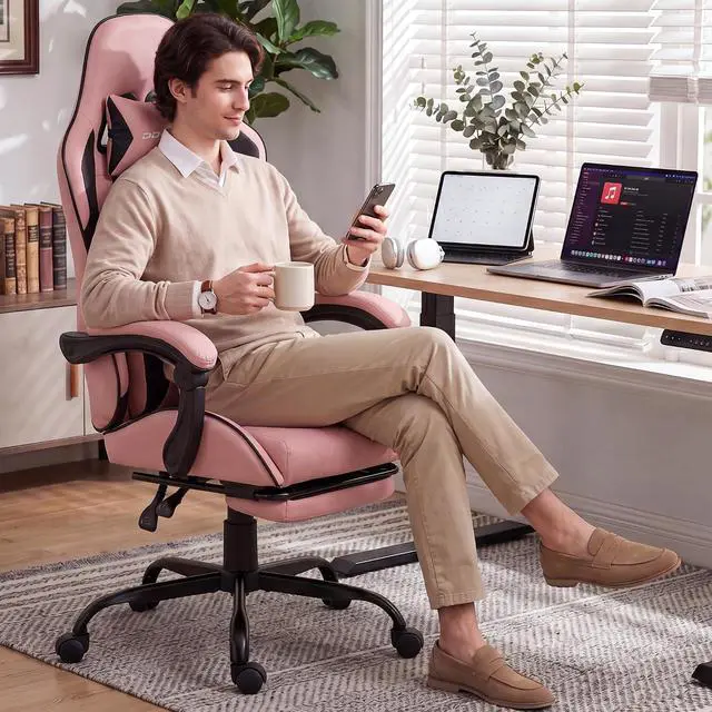 Alt view image 2 of 7 - Dowinx Gaming Chair with Footrest, Ergonomic Office Chair, Pink | PU leather over high-density foam with lumbar support; steel frame holds 300 lbs; built for WFH, study, and napping