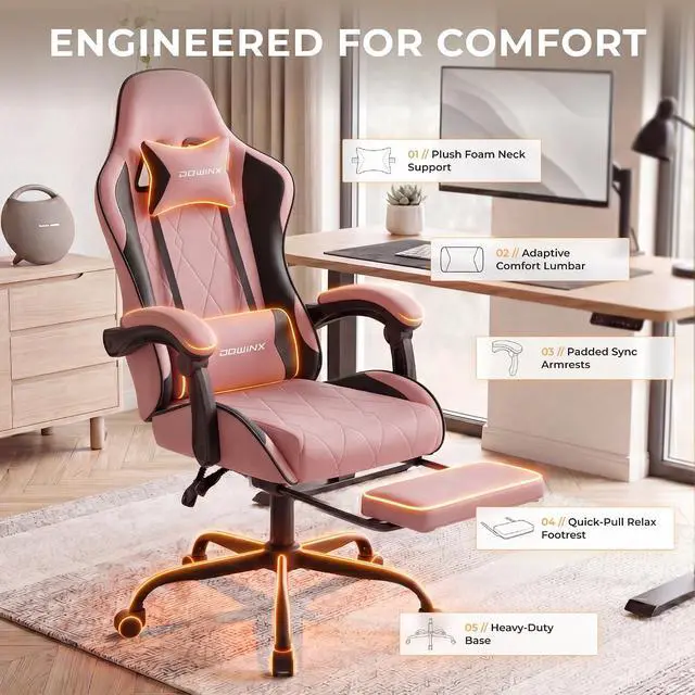 Alt view image 3 of 7 - Dowinx Gaming Chair with Footrest, Ergonomic Office Chair, Pink | PU leather over high-density foam with lumbar support; steel frame holds 300 lbs; built for WFH, study, and napping