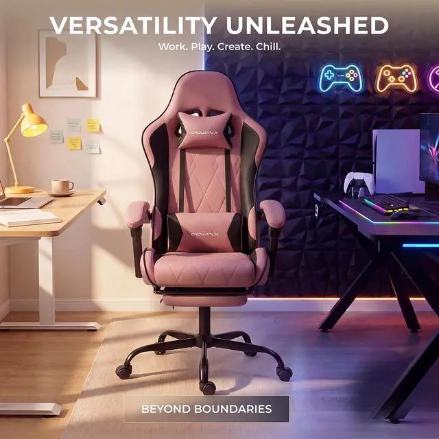 Alt view image 4 of 7 - Dowinx Gaming Chair with Footrest, Ergonomic Office Chair, Pink | PU leather over high-density foam with lumbar support; steel frame holds 300 lbs; built for WFH, study, and napping