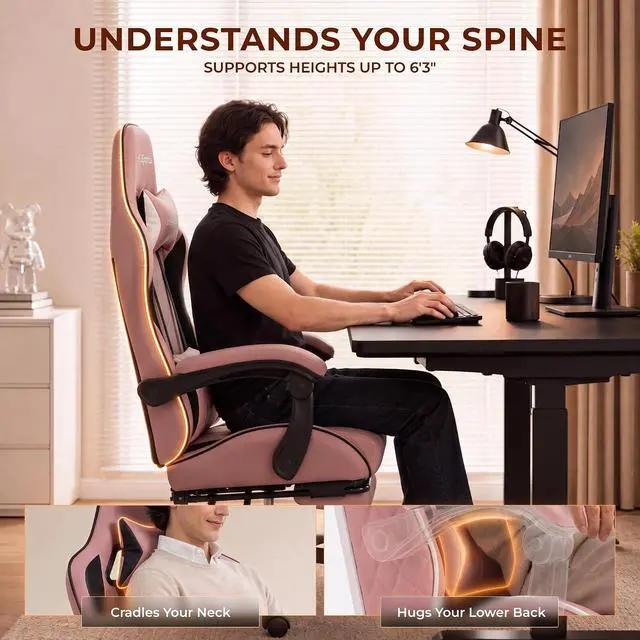 Alt view image 5 of 7 - Dowinx Gaming Chair with Footrest, Ergonomic Office Chair, Pink | PU leather over high-density foam with lumbar support; steel frame holds 300 lbs; built for WFH, study, and napping