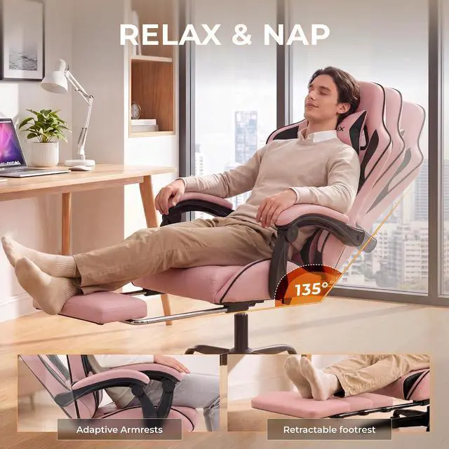 Alt view image 6 of 7 - Dowinx Gaming Chair with Footrest, Ergonomic Office Chair, Pink | PU leather over high-density foam with lumbar support; steel frame holds 300 lbs; built for WFH, study, and napping