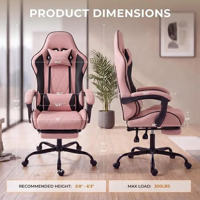 Alt view image 7 of 7 - Dowinx Gaming Chair with Footrest, Ergonomic Office Chair, Pink | PU leather over high-density foam with lumbar support; steel frame holds 300 lbs; built for WFH, study, and napping