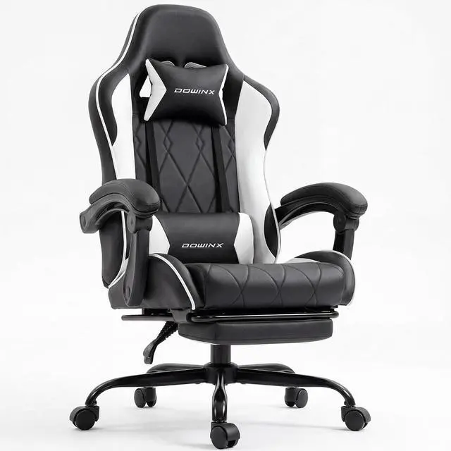 Main image of Dowinx Gaming Chair with Footrest, Ergonomic Office Chair, Black White | PU leather over high-density foam with lumbar support; steel frame holds 300 lbs; built for WFH, study, and napping