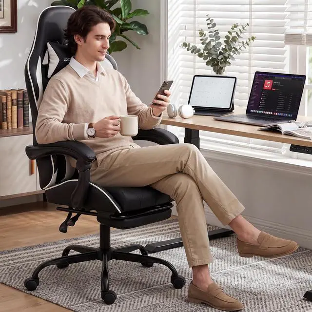 Alt view image 2 of 7 - Dowinx Gaming Chair with Footrest, Ergonomic Office Chair, Black White | PU leather over high-density foam with lumbar support; steel frame holds 300 lbs; built for WFH, study, and napping