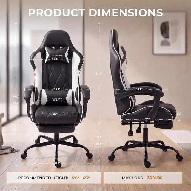 Alt view image 3 of 7 - Dowinx Gaming Chair with Footrest, Ergonomic Office Chair, Black White | PU leather over high-density foam with lumbar support; steel frame holds 300 lbs; built for WFH, study, and napping