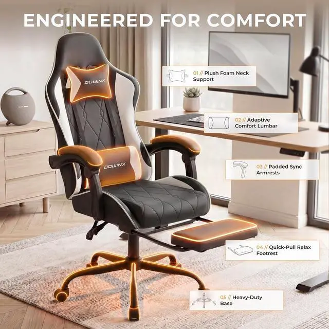 Alt view image 4 of 7 - Dowinx Gaming Chair with Footrest, Ergonomic Office Chair, Black White | PU leather over high-density foam with lumbar support; steel frame holds 300 lbs; built for WFH, study, and napping