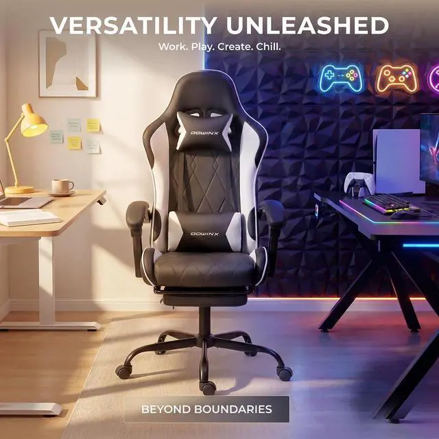 Alt view image 5 of 7 - Dowinx Gaming Chair with Footrest, Ergonomic Office Chair, Black White | PU leather over high-density foam with lumbar support; steel frame holds 300 lbs; built for WFH, study, and napping