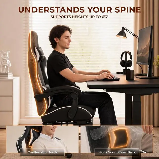 Alt view image 6 of 7 - Dowinx Gaming Chair with Footrest, Ergonomic Office Chair, Black White | PU leather over high-density foam with lumbar support; steel frame holds 300 lbs; built for WFH, study, and napping