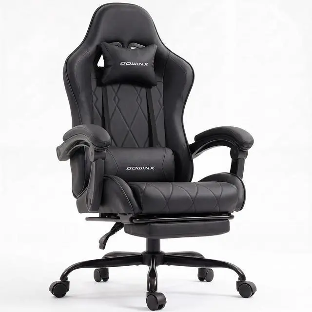 Main image of Dowinx Gaming Chair with Footrest, Ergonomic Office Chair, Black | PU leather over high-density foam with lumbar support; steel frame holds 300 lbs; built for WFH, study, and napping